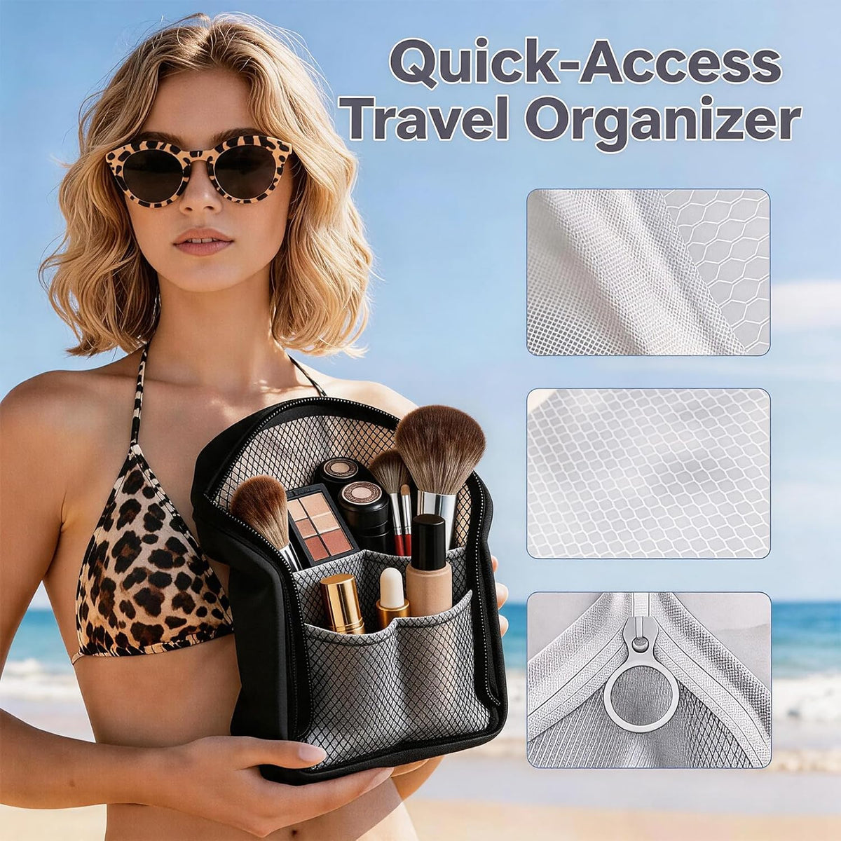 2 PCS Standing Toiletry Bag, Foldable Hanging Travel Cosmetic Organizer, Large Capacity for Toothbrush and Toiletries (Black+White)