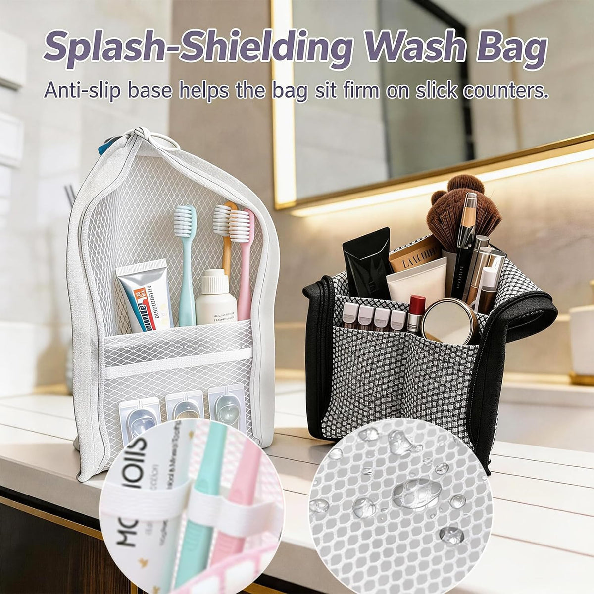 2 PCS Standing Toiletry Bag, Foldable Hanging Travel Cosmetic Organizer, Large Capacity for Toothbrush and Toiletries (Black+White)