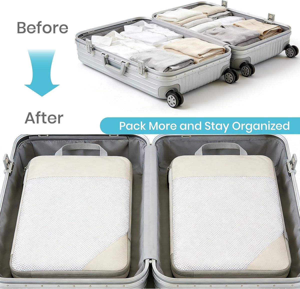 Compression Travel Packing Cubes with White Mesh, Black, 4Pcs | Waterproof fabric and See-Through Mesh, Space-Saving Compression Organizer for Travel and Daily Clothes Storage