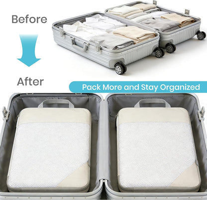 Compression Travel Packing Cubes with White Mesh, Black, 4Pcs | Waterproof fabric and See-Through Mesh, Space-Saving Compression Organizer for Travel and Daily Clothes Storage