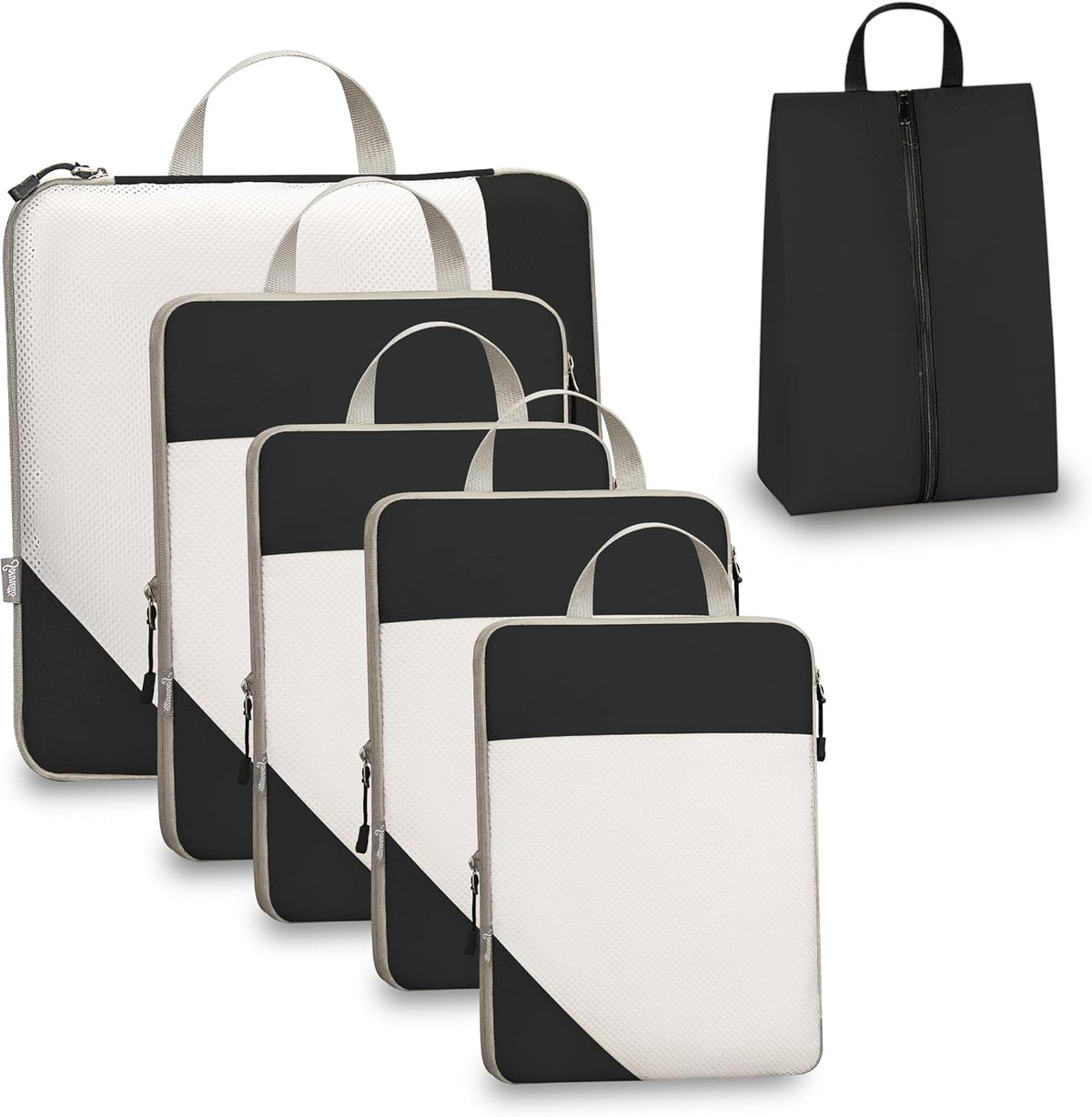 Compression Travel Packing Cubes with White Mesh, Black, 4Pcs | Waterproof fabric and See-Through Mesh, Space-Saving Compression Organizer for Travel and Daily Clothes Storage