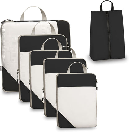 Compression Travel Packing Cubes with White Mesh, Black, 4Pcs | Waterproof fabric and See-Through Mesh, Space-Saving Compression Organizer for Travel and Daily Clothes Storage