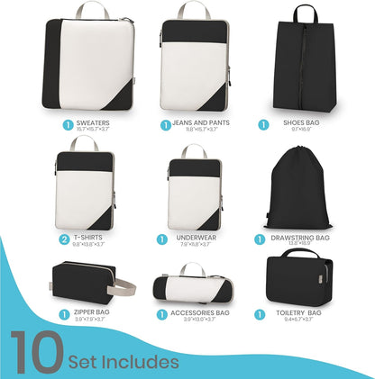 Compression Travel Packing Cubes with White Mesh, Black, 4Pcs | Waterproof fabric and See-Through Mesh, Space-Saving Compression Organizer for Travel and Daily Clothes Storage