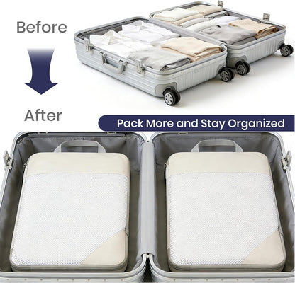 Compression Travel Packing Cubes with White Mesh, Black, 4Pcs | Waterproof fabric and See-Through Mesh, Space-Saving Compression Organizer for Travel and Daily Clothes Storage