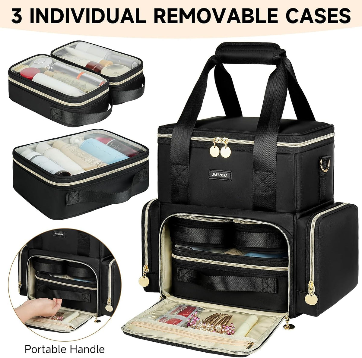 Extra Large Makeup Bag,4 in 1 Cosmetic Storage Organizer Travel Case with 3 Detachable Pouches and Dividers,Pink