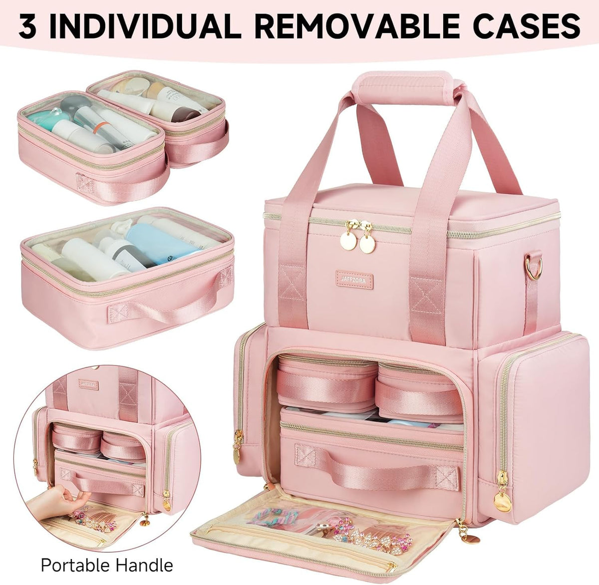 Extra Large Makeup Bag,4 in 1 Cosmetic Storage Organizer Travel Case with 3 Detachable Pouches and Dividers,Pink