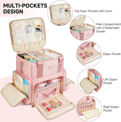 Extra Large Makeup Bag,4 in 1 Cosmetic Storage Organizer Travel Case with 3 Detachable Pouches and Dividers,Pink