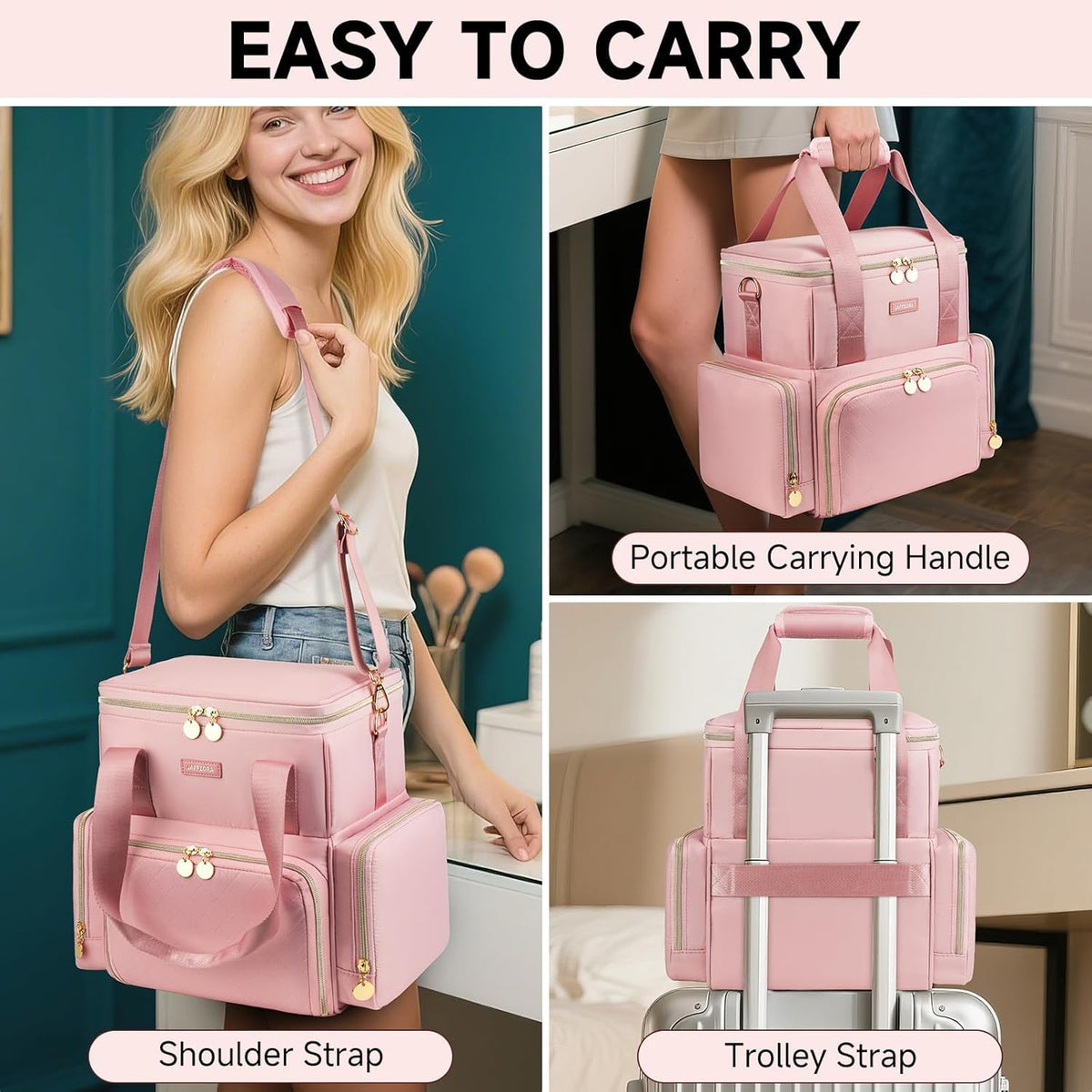 Extra Large Makeup Bag,4 in 1 Cosmetic Storage Organizer Travel Case with 3 Detachable Pouches and Dividers,Pink