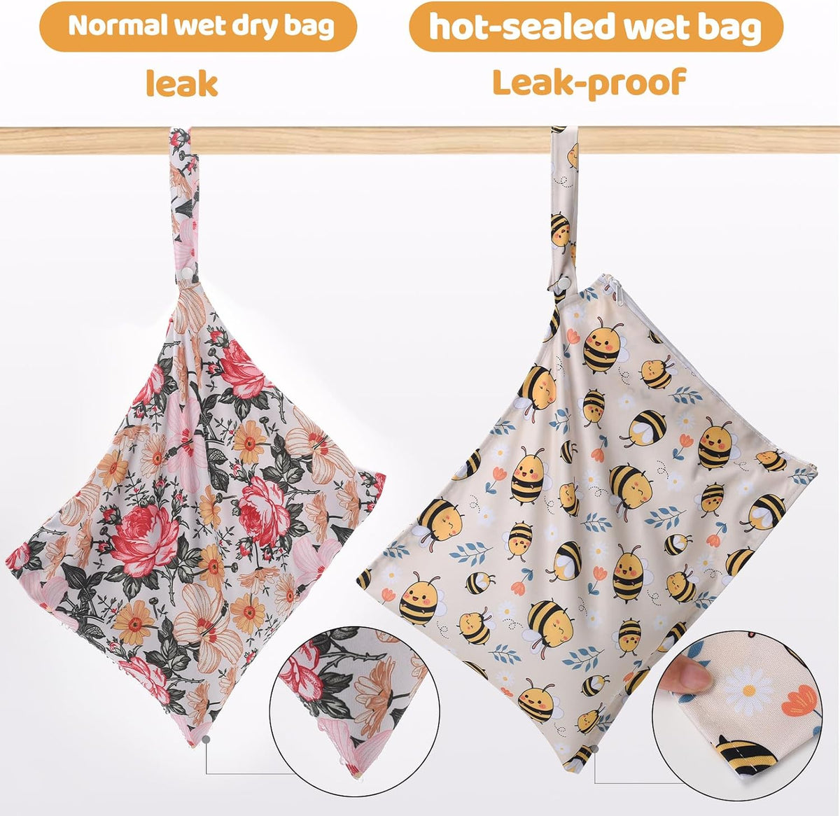 Mess-Proof Waterproof Wet Dry bag,2 Pack Reusable,Wet Bags for Swimsuits & Baby Clothes,Leakproof Wet bag for Travel & Diaper Changes for Baby-Floral
