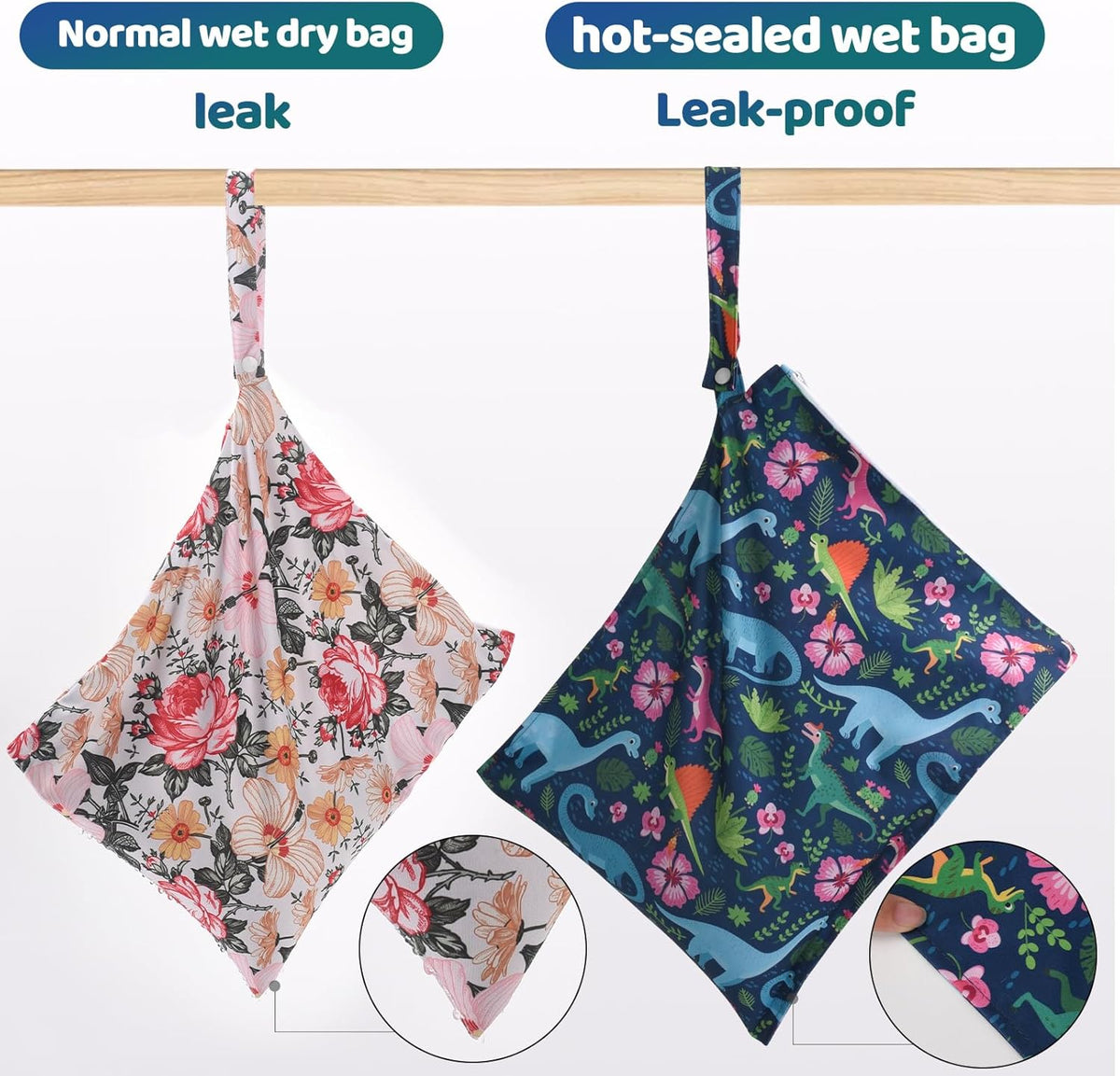 Mess-Proof Waterproof Wet Dry bag,2 Pack Reusable,Wet Bags for Swimsuits & Baby Clothes,Leakproof Wet bag for Travel & Diaper Changes for Baby-Floral