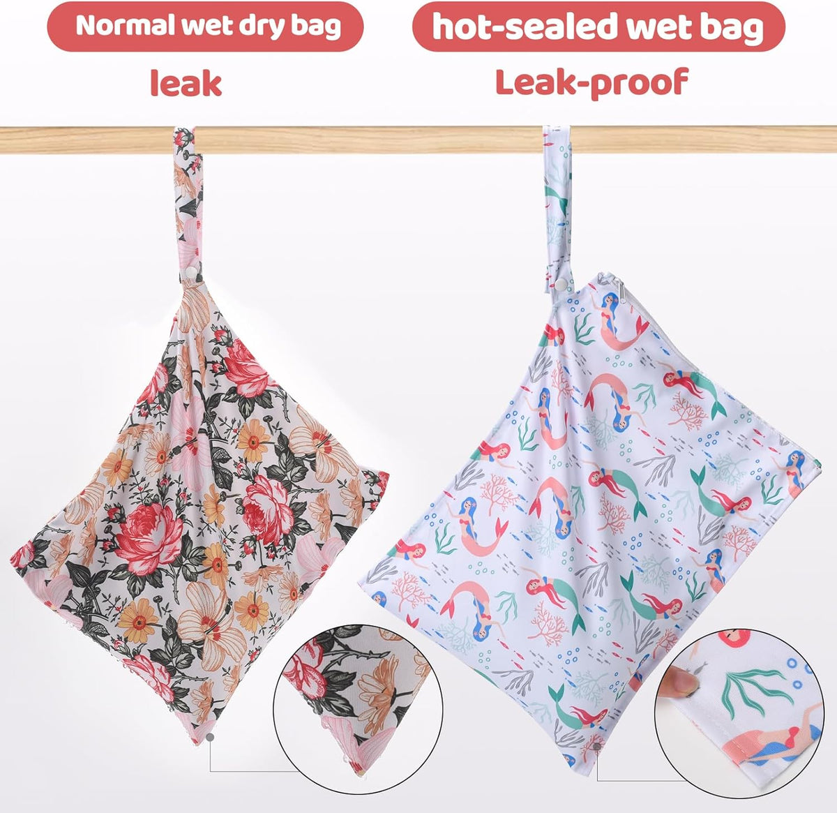 Mess-Proof Waterproof Wet Dry bag,2 Pack Reusable,Wet Bags for Swimsuits & Baby Clothes,Leakproof Wet bag for Travel & Diaper Changes for Baby-Floral