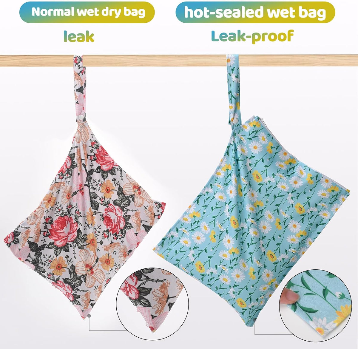 Mess-Proof Waterproof Wet Dry bag,2 Pack Reusable,Wet Bags for Swimsuits & Baby Clothes,Leakproof Wet bag for Travel & Diaper Changes for Baby-Floral