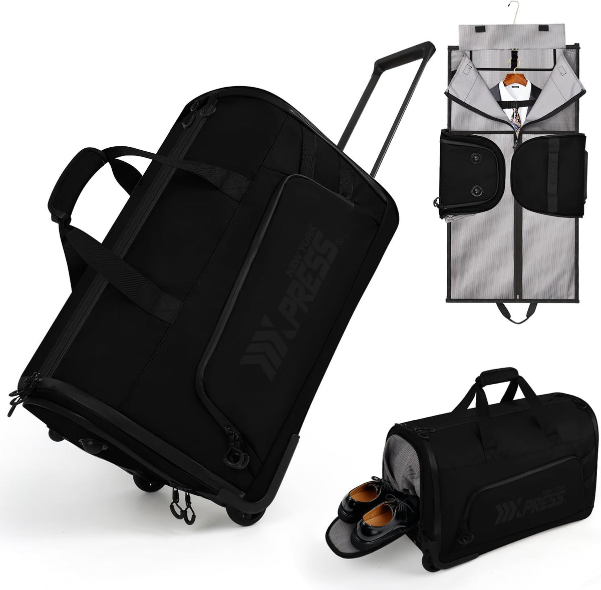 2 in 1 Rolling Garment Bag with Wheels,Overnight Bags with Wheels,Rolling Duffle Bag w/Shoes Compartment Hanging Suit Dress,Lightweight and Waterproof,Green