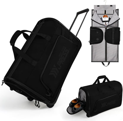 2 in 1 Rolling Garment Bag with Wheels,Overnight Bags with Wheels,Rolling Duffle Bag w/Shoes Compartment Hanging Suit Dress,Lightweight and Waterproof,Green