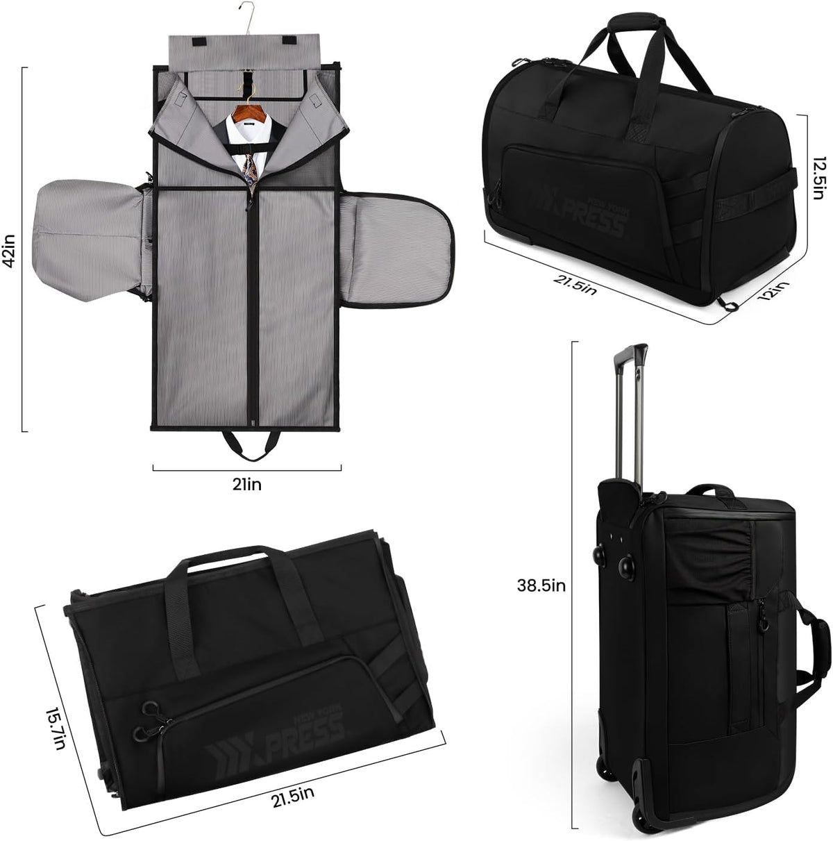 2 in 1 Rolling Garment Bag with Wheels,Overnight Bags with Wheels,Rolling Duffle Bag w/Shoes Compartment Hanging Suit Dress,Lightweight and Waterproof,Green
