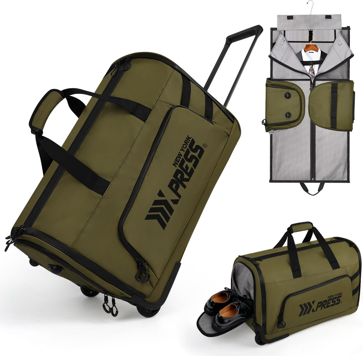 2 in 1 Rolling Garment Bag with Wheels,Overnight Bags with Wheels,Rolling Duffle Bag w/Shoes Compartment Hanging Suit Dress,Lightweight and Waterproof,Green