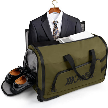 2 in 1 Rolling Garment Bag with Wheels,Overnight Bags with Wheels,Rolling Duffle Bag w/Shoes Compartment Hanging Suit Dress,Lightweight and Waterproof,Green