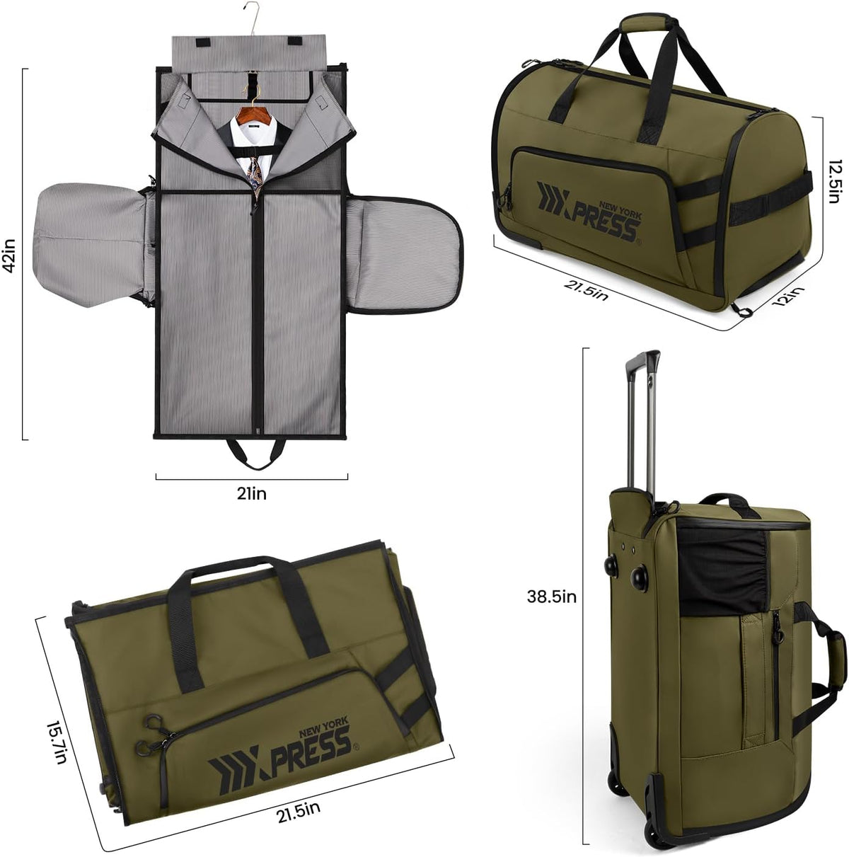 2 in 1 Rolling Garment Bag with Wheels,Overnight Bags with Wheels,Rolling Duffle Bag w/Shoes Compartment Hanging Suit Dress,Lightweight and Waterproof,Green