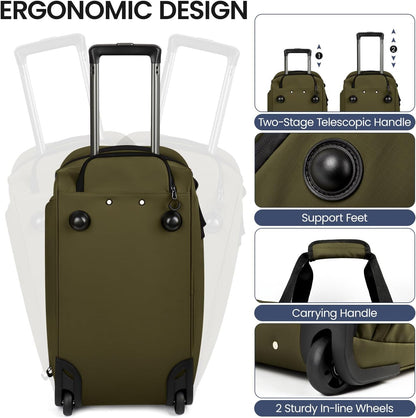 2 in 1 Rolling Garment Bag with Wheels,Overnight Bags with Wheels,Rolling Duffle Bag w/Shoes Compartment Hanging Suit Dress,Lightweight and Waterproof,Green