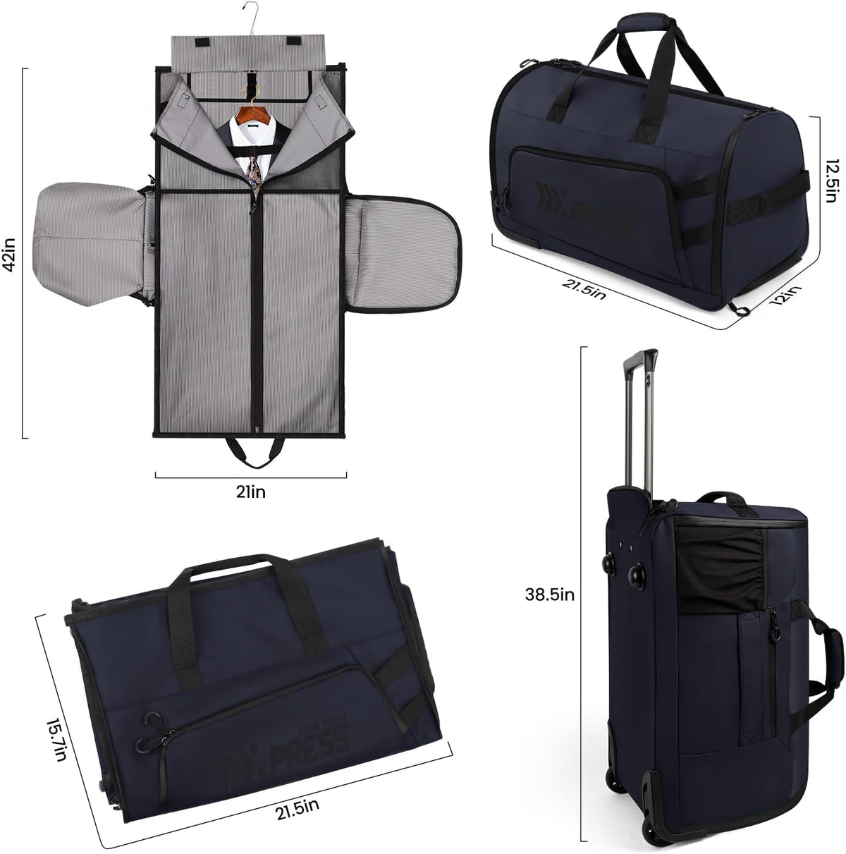 2 in 1 Rolling Garment Bag with Wheels,Overnight Bags with Wheels,Rolling Duffle Bag w/Shoes Compartment Hanging Suit Dress,Lightweight and Waterproof,Green
