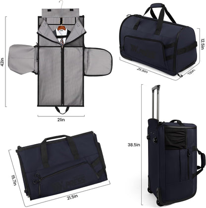 2 in 1 Rolling Garment Bag with Wheels,Overnight Bags with Wheels,Rolling Duffle Bag w/Shoes Compartment Hanging Suit Dress,Lightweight and Waterproof,Green