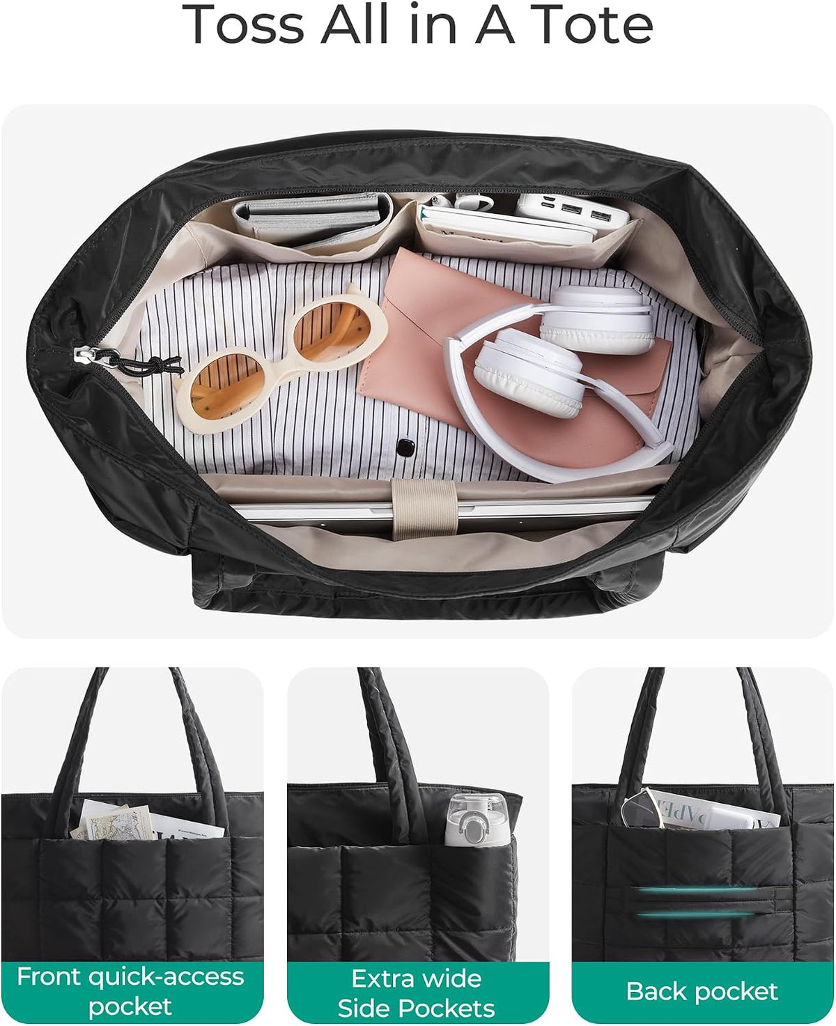 Expandable Tote Bag for Women, Puffer Work Tote Handbag, Quilted Carry On Bag for Travel Gym