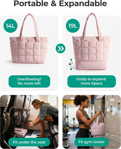 Expandable Tote Bag for Women, Puffer Work Tote Handbag, Quilted Carry On Bag for Travel Gym
