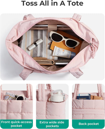 Expandable Tote Bag for Women, Puffer Work Tote Handbag, Quilted Carry On Bag for Travel Gym