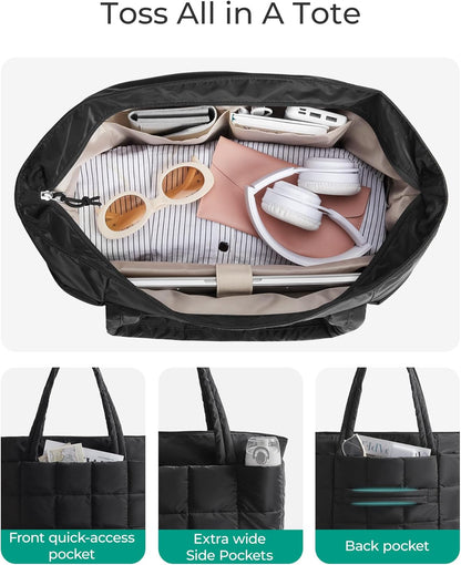 Expandable Tote Bag for Women, Puffer Work Tote Handbag, Quilted Carry On Bag for Travel Gym
