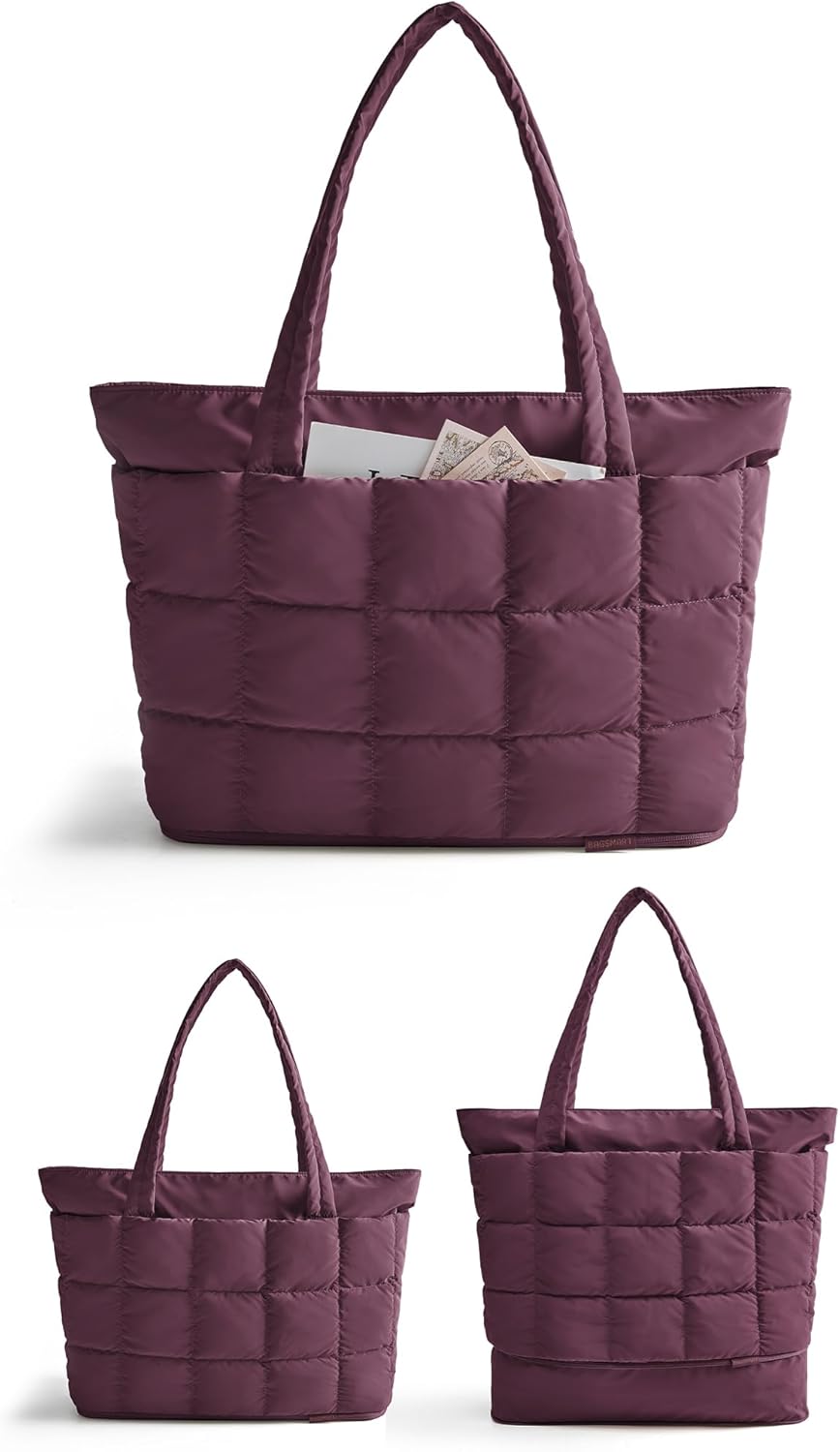 Expandable Tote Bag for Women, Puffer Work Tote Handbag, Quilted Carry On Bag for Travel Gym