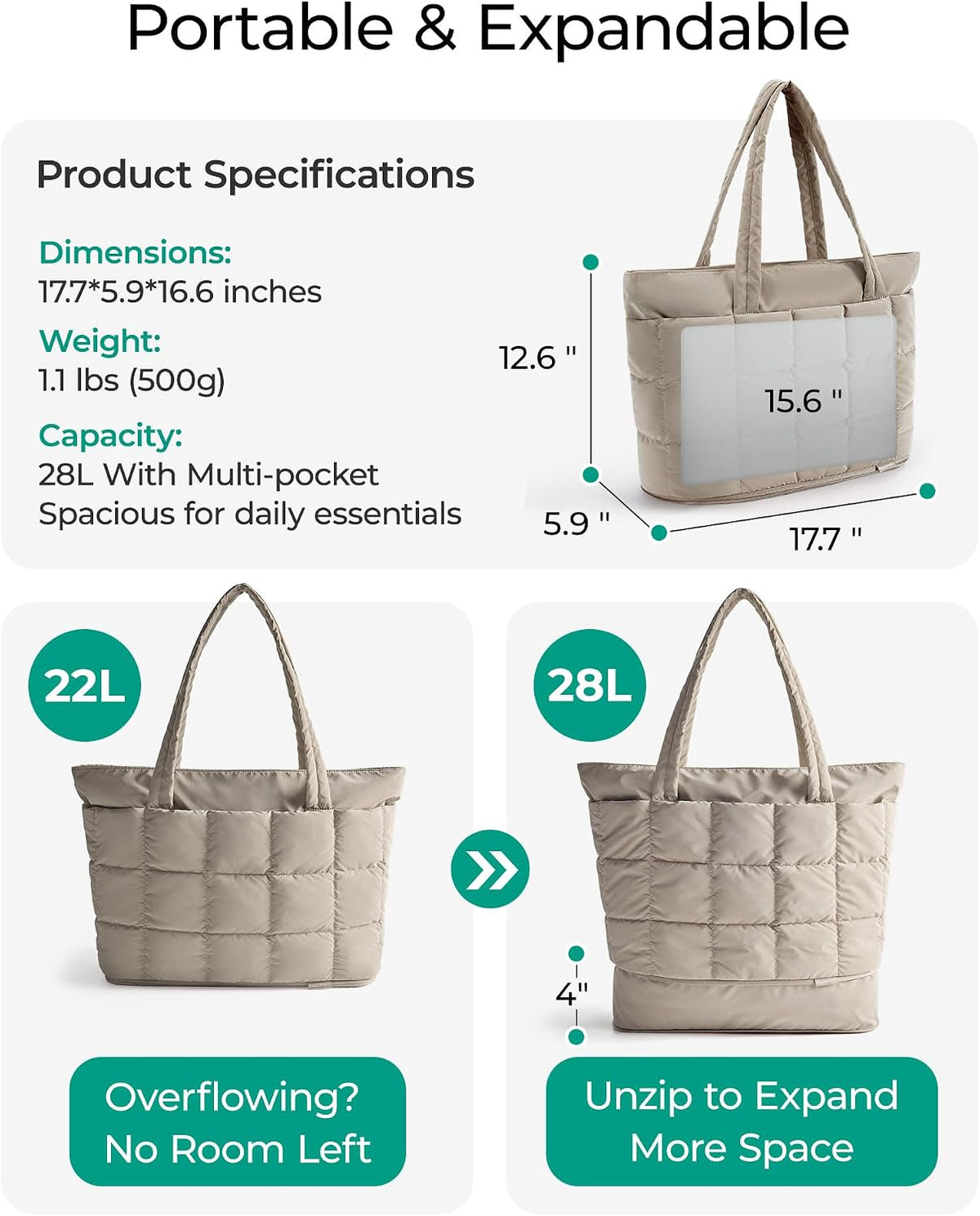 Expandable Tote Bag for Women, Puffer Work Tote Handbag, Quilted Carry On Bag for Travel Gym
