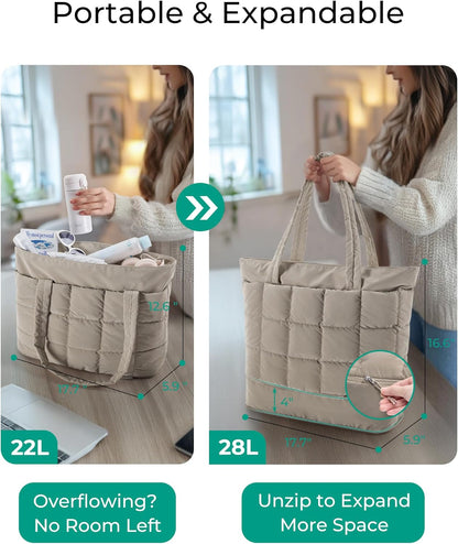 Expandable Tote Bag for Women, Puffer Work Tote Handbag, Quilted Carry On Bag for Travel Gym