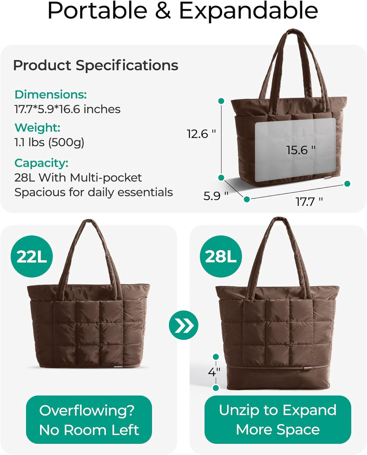 Expandable Tote Bag for Women, Puffer Work Tote Handbag, Quilted Carry On Bag for Travel Gym