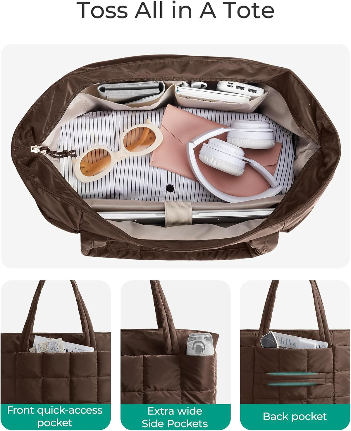 Expandable Tote Bag for Women, Puffer Work Tote Handbag, Quilted Carry On Bag for Travel Gym