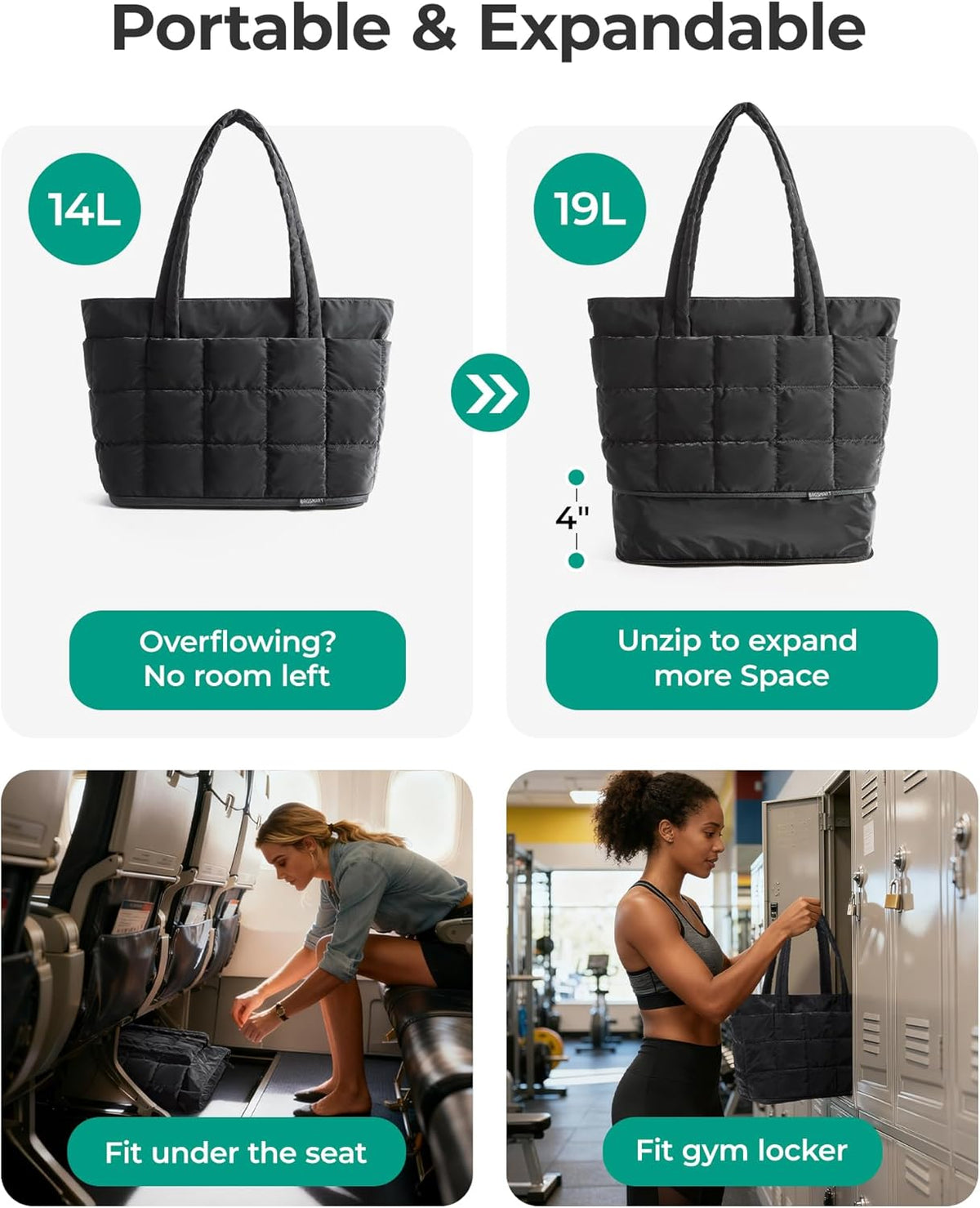 Expandable Tote Bag for Women, Puffer Work Tote Handbag, Quilted Carry On Bag for Travel Gym