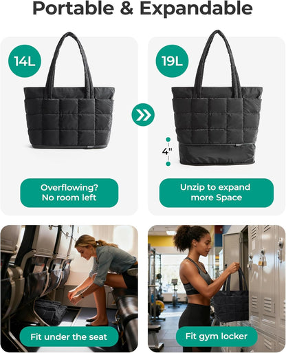 Expandable Tote Bag for Women, Puffer Work Tote Handbag, Quilted Carry On Bag for Travel Gym
