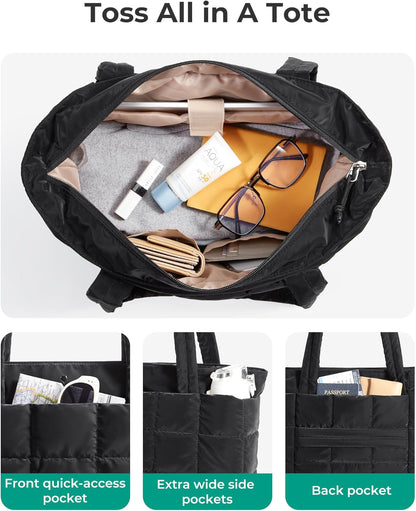 Expandable Tote Bag for Women, Puffer Work Tote Handbag, Quilted Carry On Bag for Travel Gym
