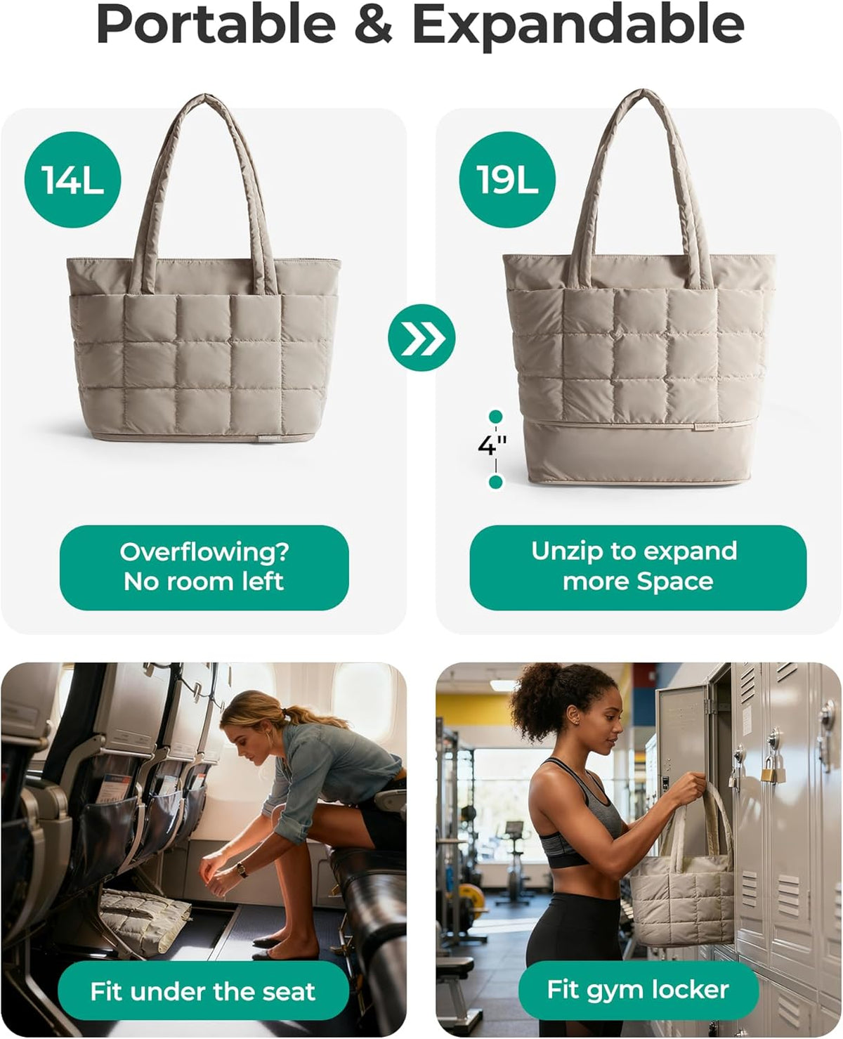 Expandable Tote Bag for Women, Puffer Work Tote Handbag, Quilted Carry On Bag for Travel Gym