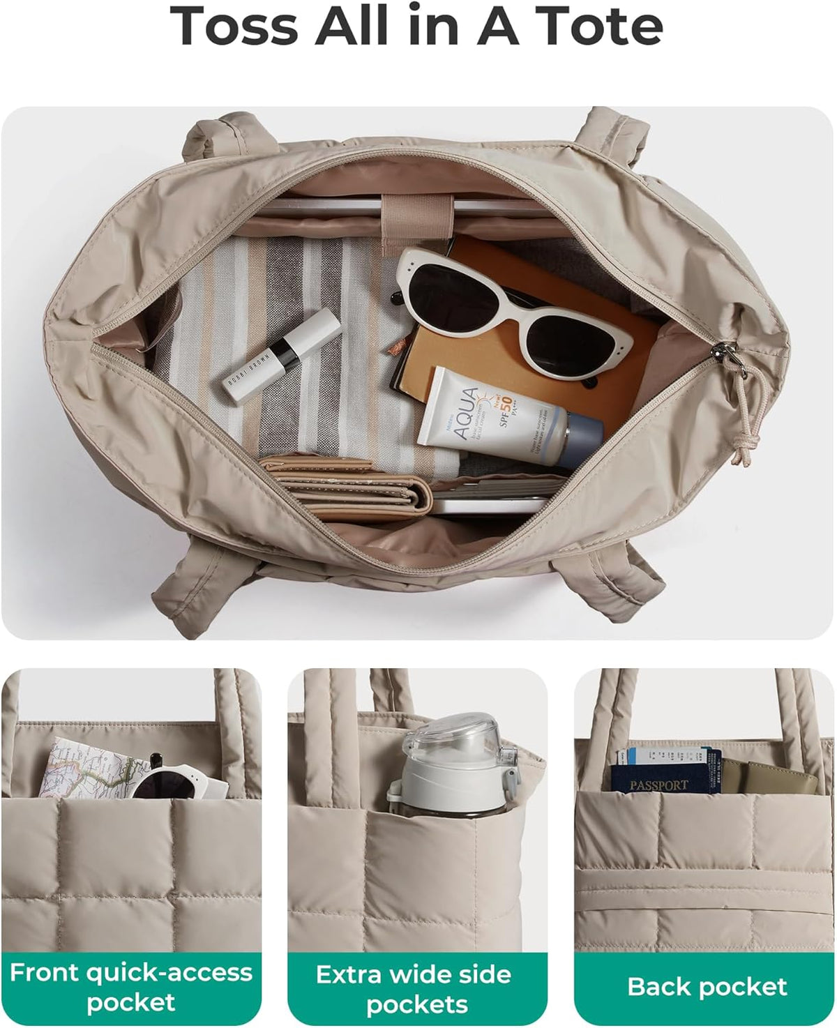 Expandable Tote Bag for Women, Puffer Work Tote Handbag, Quilted Carry On Bag for Travel Gym