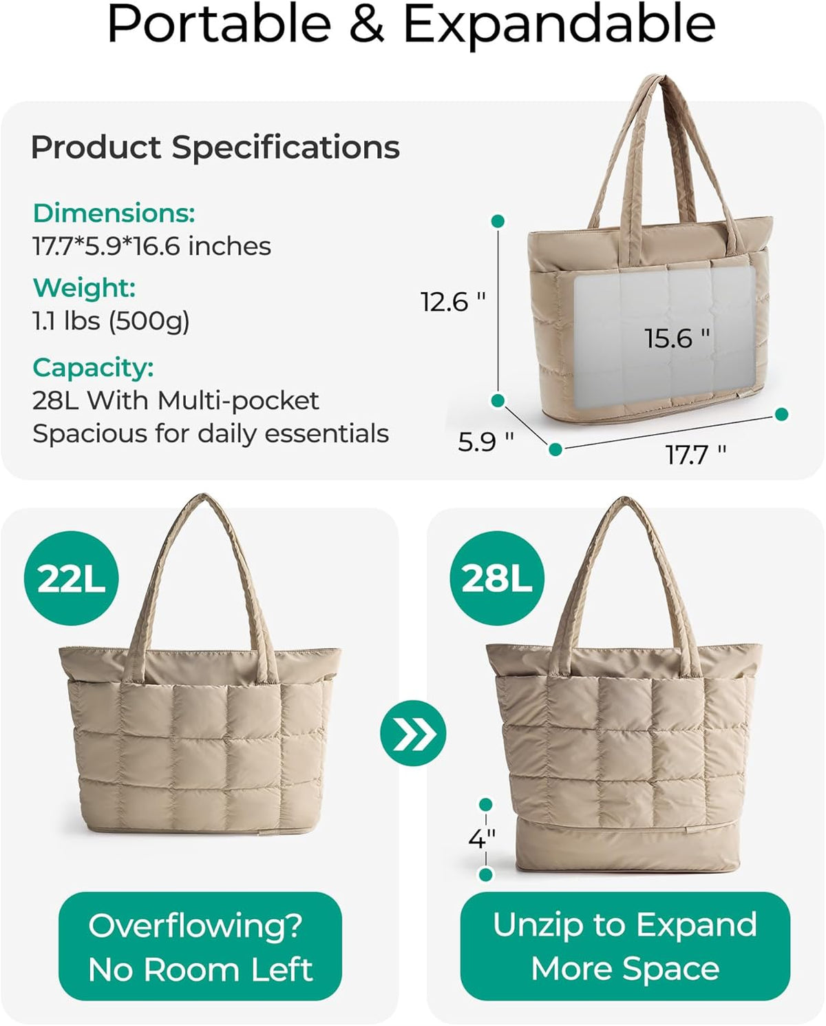 Expandable Tote Bag for Women, Puffer Work Tote Handbag, Quilted Carry On Bag for Travel Gym