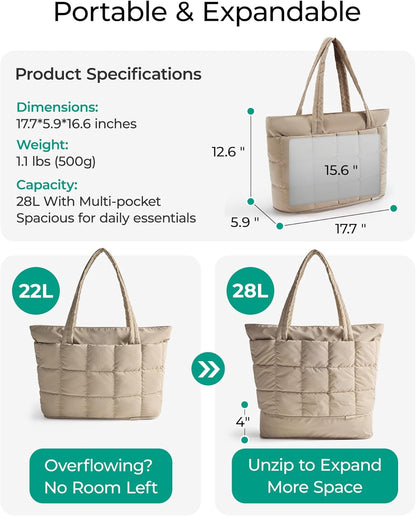 Expandable Tote Bag for Women, Puffer Work Tote Handbag, Quilted Carry On Bag for Travel Gym