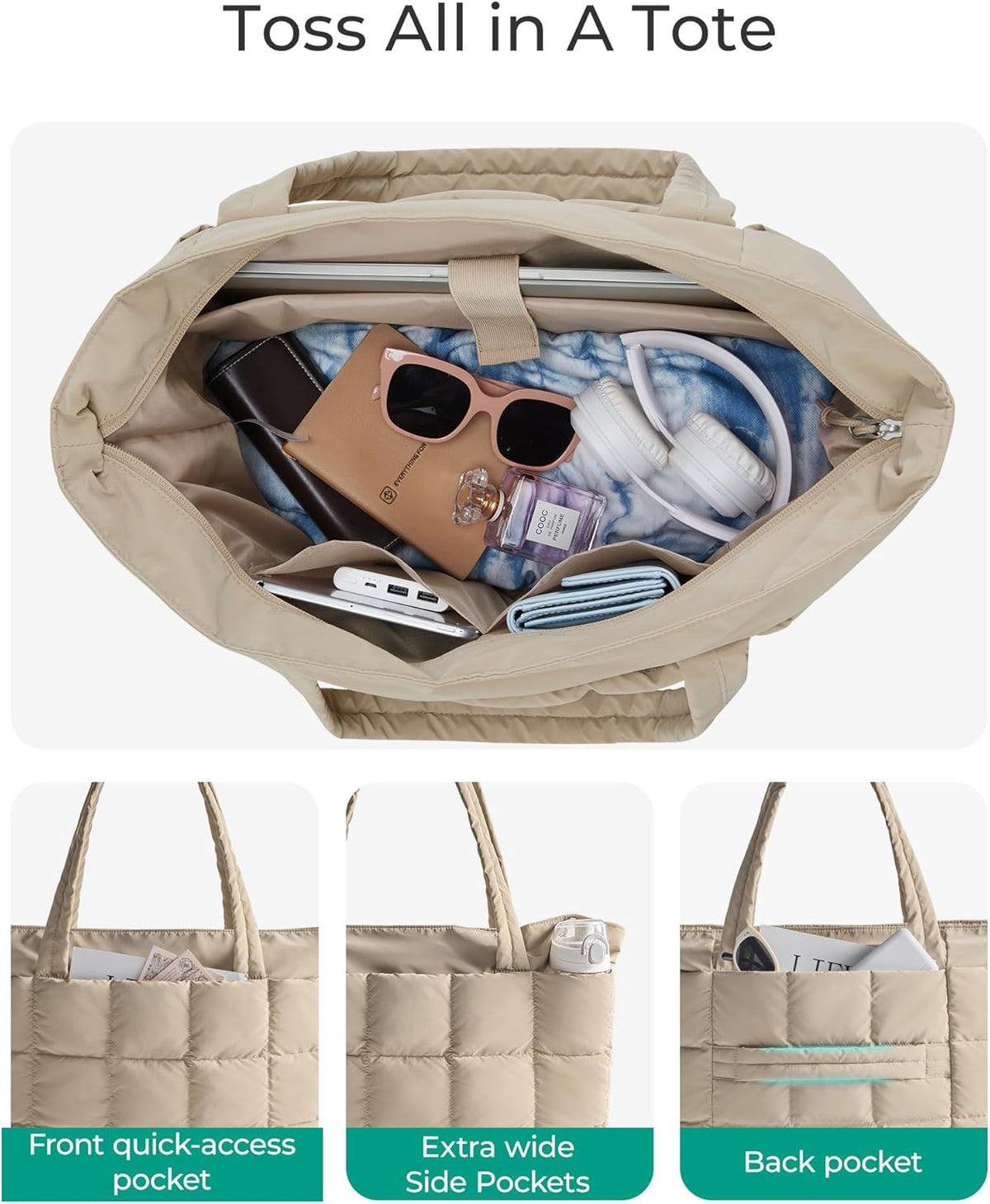 Expandable Tote Bag for Women, Puffer Work Tote Handbag, Quilted Carry On Bag for Travel Gym