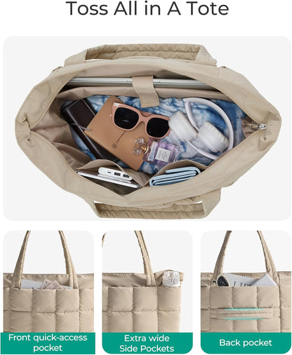 Expandable Tote Bag for Women, Puffer Work Tote Handbag, Quilted Carry On Bag for Travel Gym