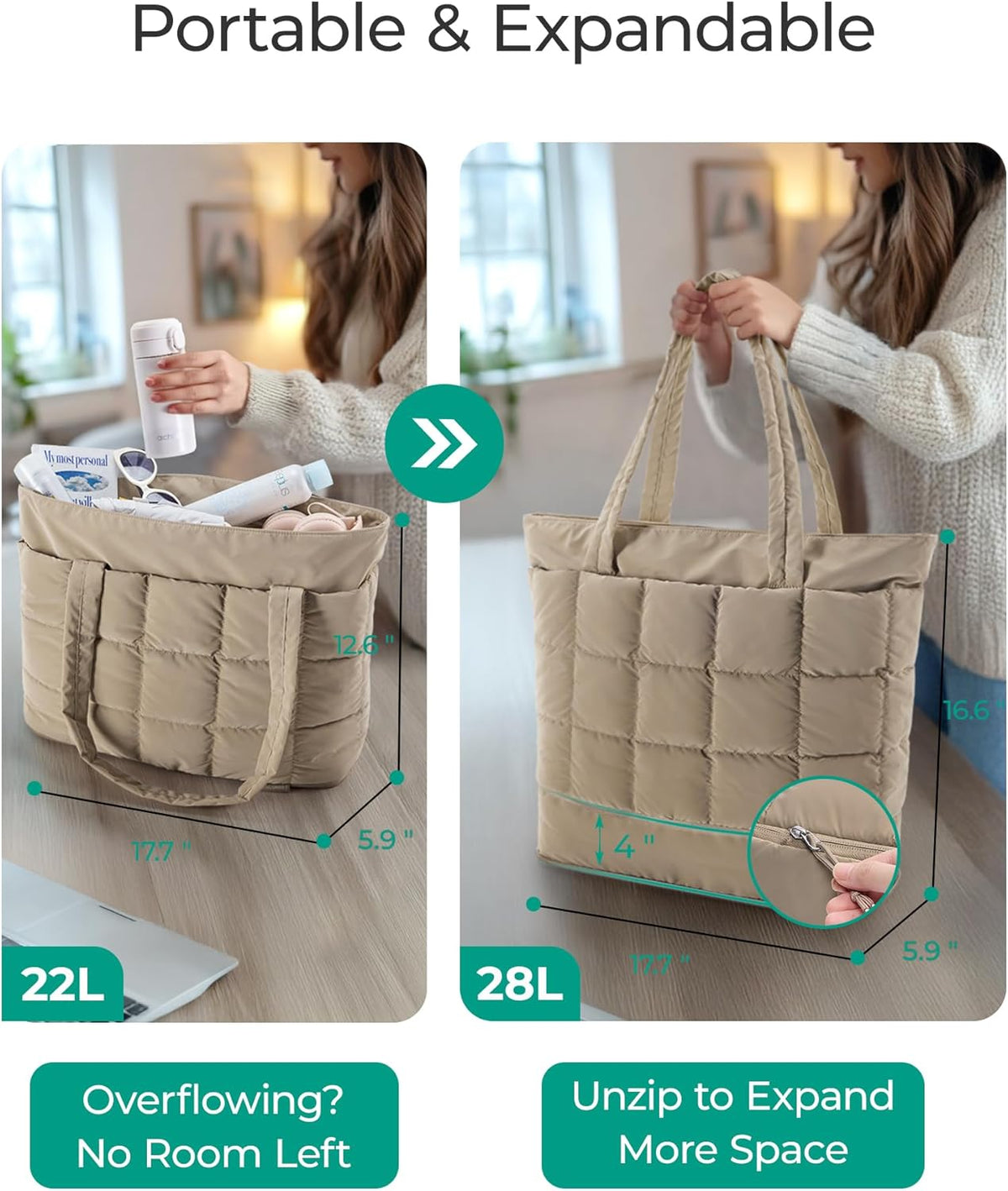 Expandable Tote Bag for Women, Puffer Work Tote Handbag, Quilted Carry On Bag for Travel Gym