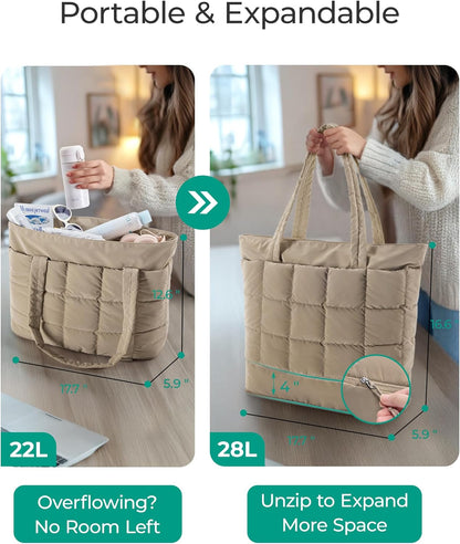 Expandable Tote Bag for Women, Puffer Work Tote Handbag, Quilted Carry On Bag for Travel Gym