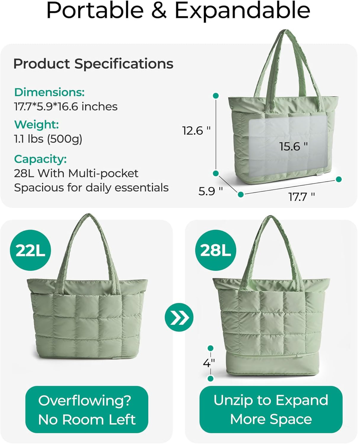 Expandable Tote Bag for Women, Puffer Work Tote Handbag, Quilted Carry On Bag for Travel Gym