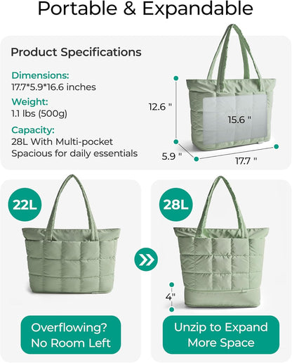 Expandable Tote Bag for Women, Puffer Work Tote Handbag, Quilted Carry On Bag for Travel Gym