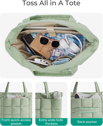 Expandable Tote Bag for Women, Puffer Work Tote Handbag, Quilted Carry On Bag for Travel Gym