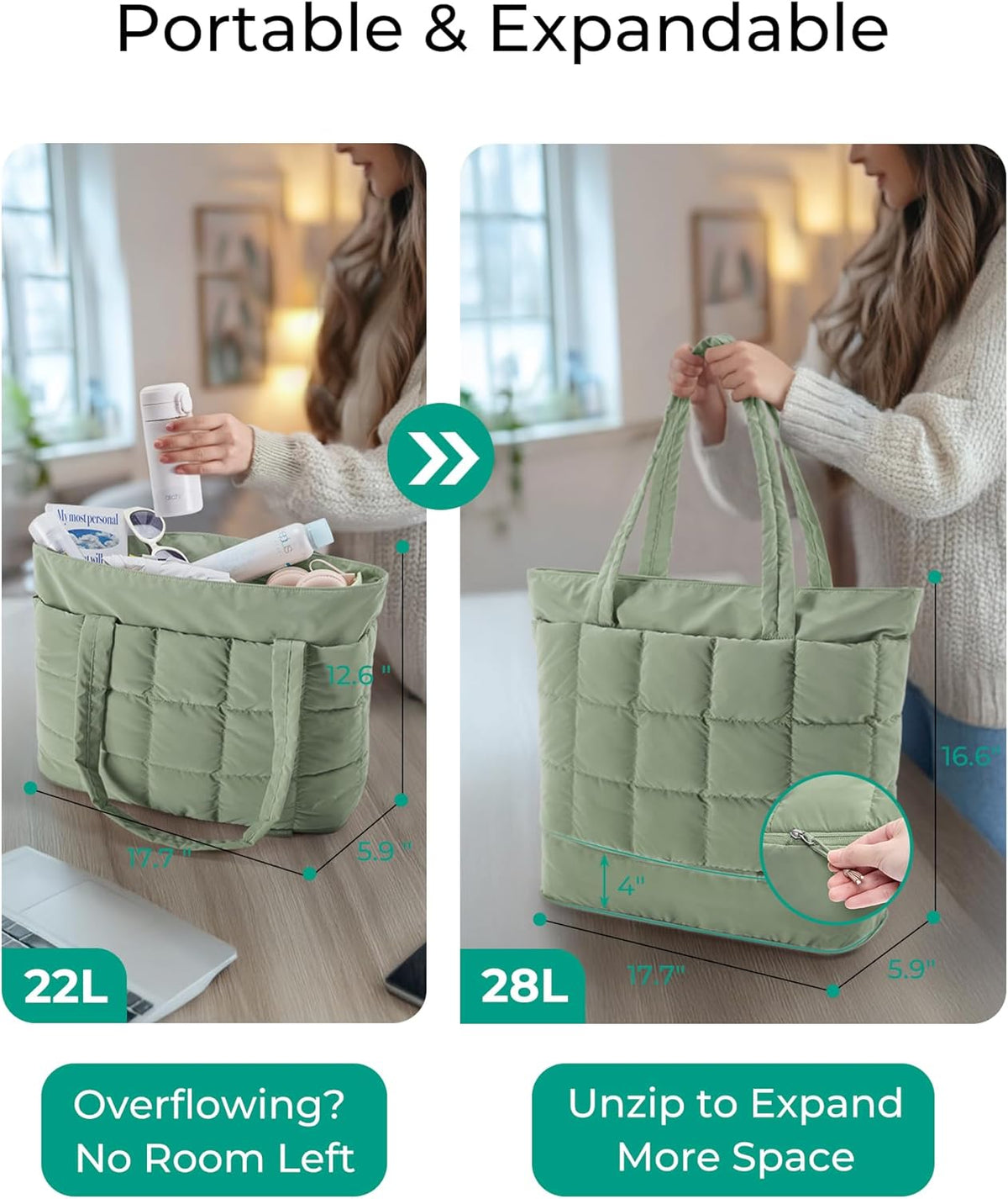 Expandable Tote Bag for Women, Puffer Work Tote Handbag, Quilted Carry On Bag for Travel Gym