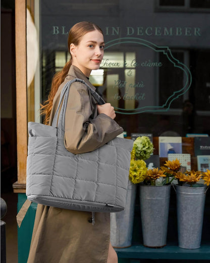 Expandable Tote Bag for Women, Puffer Work Tote Handbag, Quilted Carry On Bag for Travel Gym